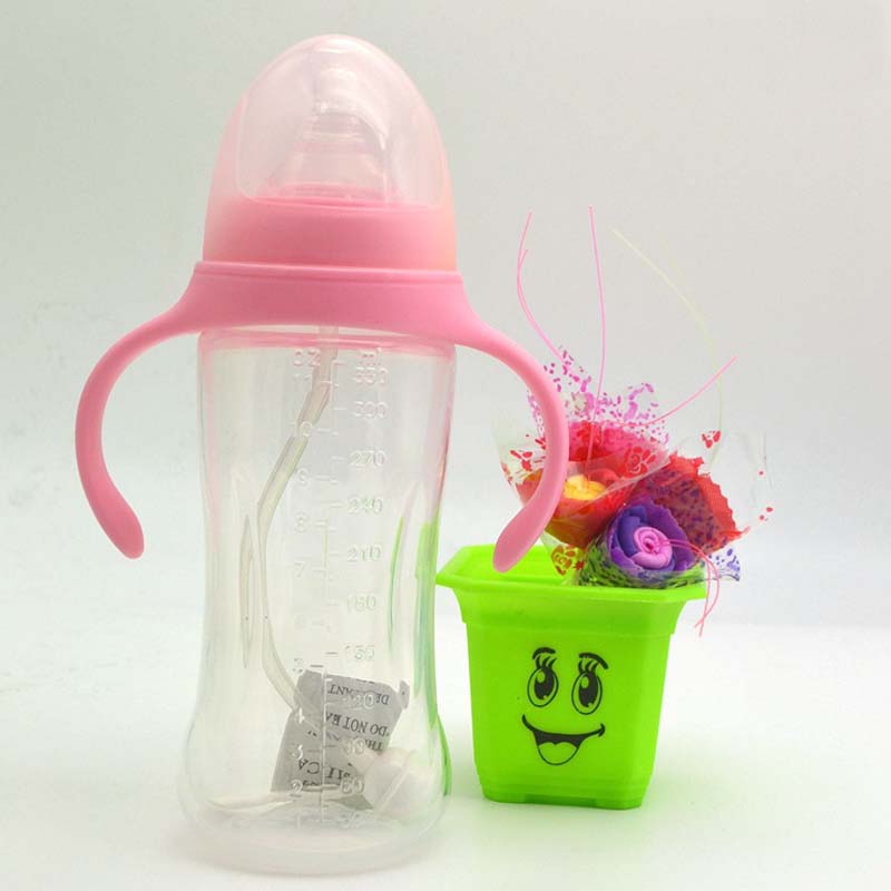 210ml Cute Baby Bottle Infant Newborn Children Learn Feeding Drinking Handle Bottle Kids Straw Juice Water Bottles Training Cup: 330ML Pink