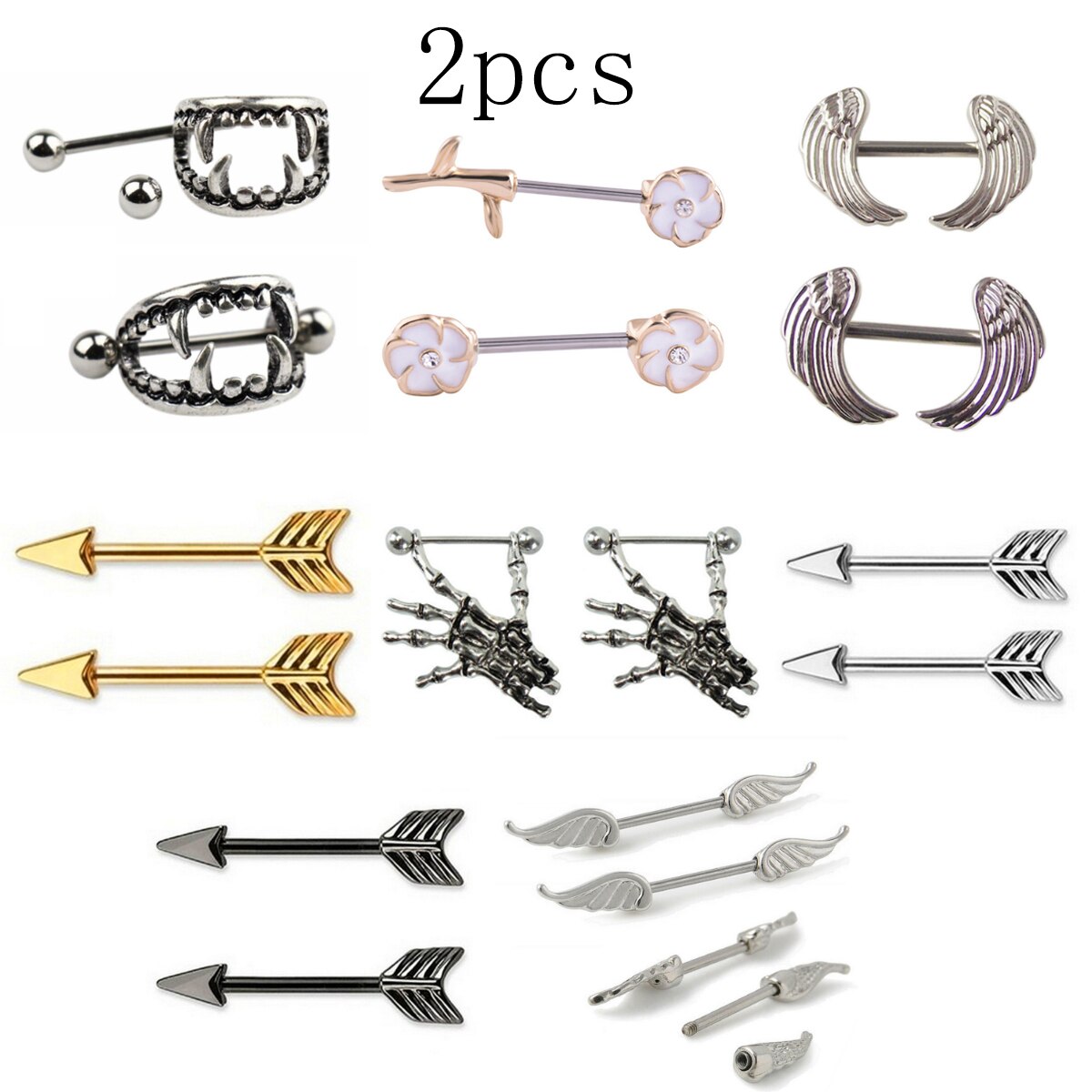 2 pièces mamelon Piercing Barbell 14G crâne fleur flèche mamelon bouclier charmant mamelon anneaux pour les femmes corps Piercing bijoux