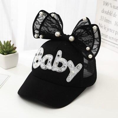 Cute Big Bow Girls Snapback Baseball Cap Children Mesh Hat Spring Summer Adjustable Snapback Casquette Kids Baby Pearl: Net cap black