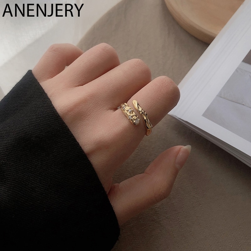 Anenjery Vintage Onregelmatige Oppervlak Open Finger Ring Geometrische Goud Kleur Zirkoon Ring Voor Vrouwen Sieraden S-R795
