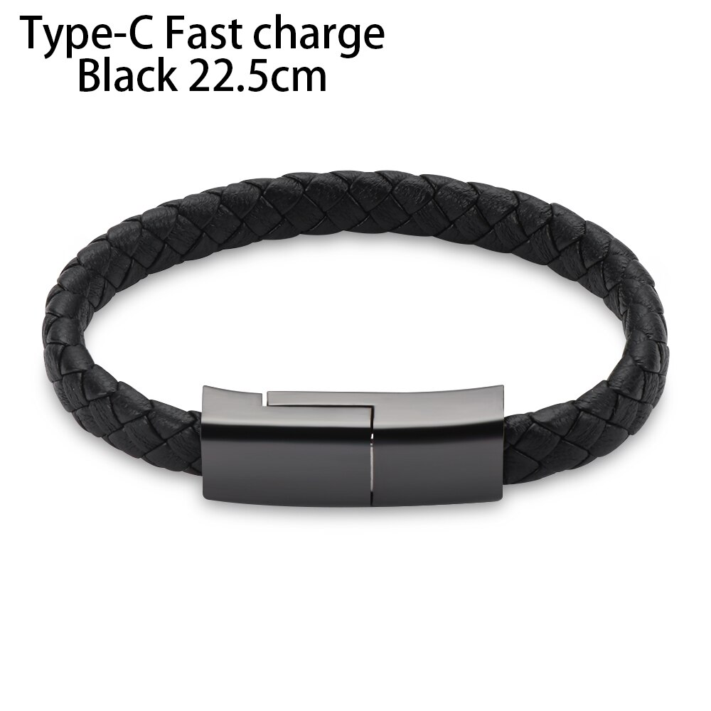 1 Pc Leather Bracelet Data Cable Type C Micro USB Wristband For Android Sync Charging -Styling Fast Charge Cable: Type C Black Fast