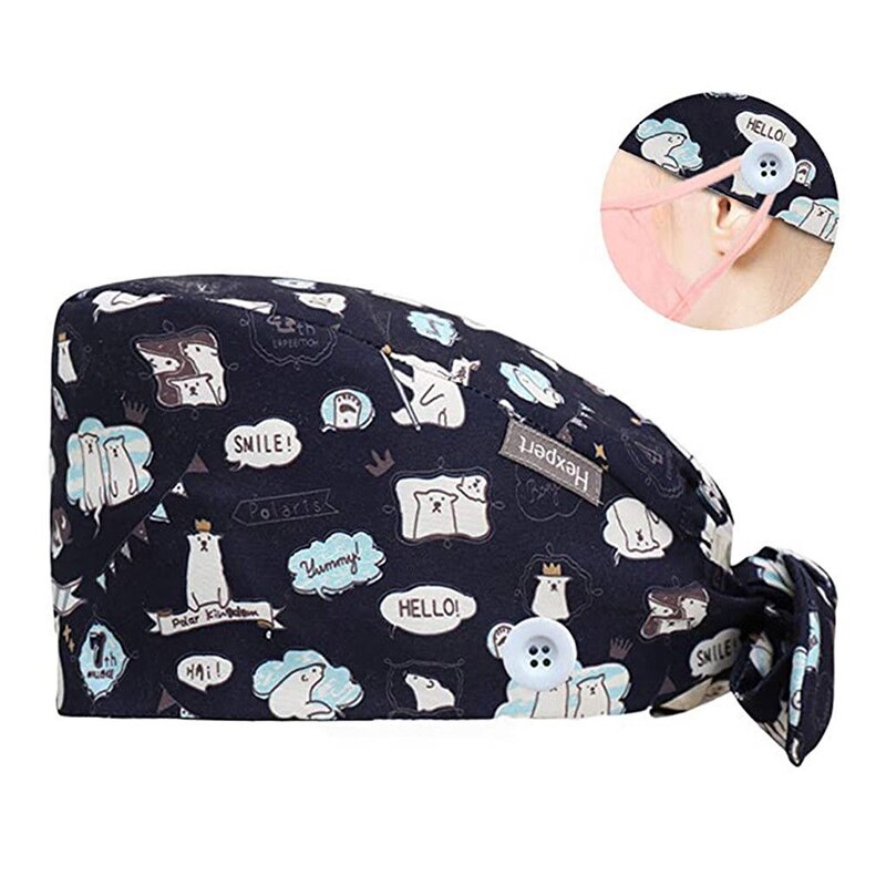 Gorros quirúrgicos para enfermera, gorro sanitario con banda para el sudor, estampado de dibujos animados, enfermería, 1 unidad: Black bear
