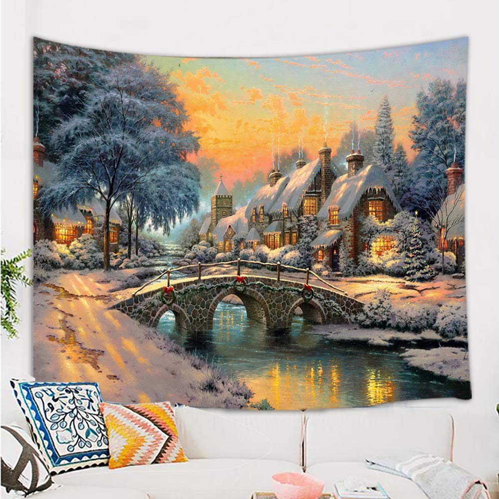 Rustic Farmhouse Christmas Winter Landscape of American Western Village Rural House and Bridge Wall Tapestry