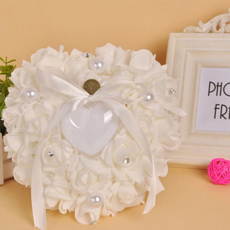 1Pcs Hart-Vorm Rose Bloemen Ring Box Romantische Bruiloft Sieraden Case Ringkussen Kussen Houder Valentijnsdag dag
