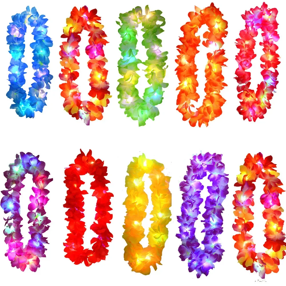 1 Uds. Collar de Lei de flores iluminadas hawaianas para mujer y niña, guirnalda de Hula, disfraz hawaiano de boda, Tropical Luau Glow