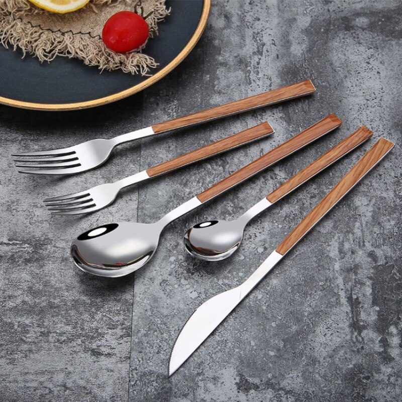 5 Stks/set Rvs Servies Set Keuken Bestek Geïmiteerd Houten Handvat Messen Vorken Lepel Set Houten Handvat Westerse