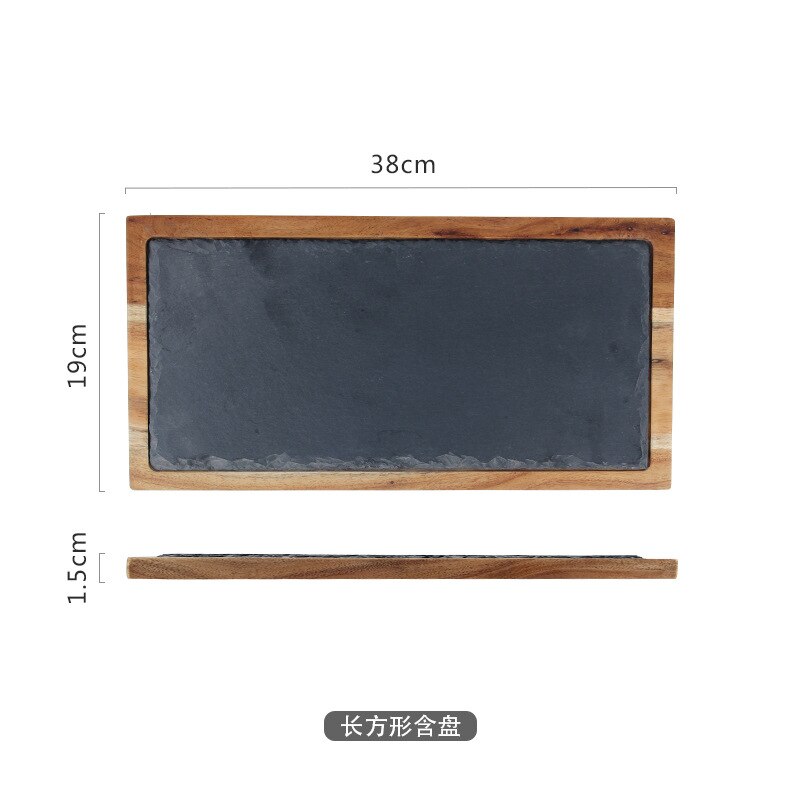 Nieuwigheid massief houten snackschijf houten dienblad zwarte leisteen broodbord acacia houten bord westerse japanse gerechten: Geel