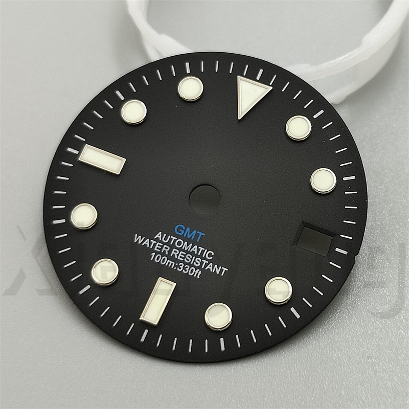 29mm Glossy Watch Dial Black White blue Dial Green Blue Red Orange GMT Text Black Gold Rose Edge Fit NH34 Movement C3 Luminous