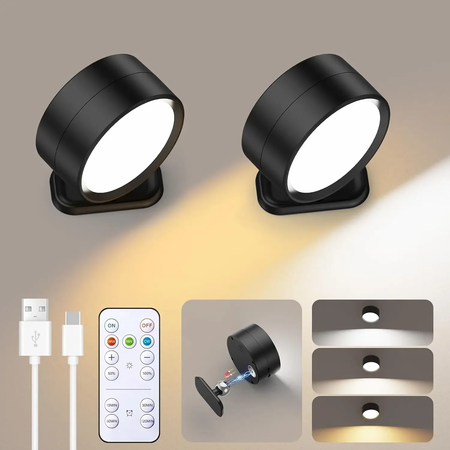 LED-Wandleuchte, 3 Helligkeitsstufen, 3 Farbmodi, Wandleuchten, batteriebetrieben, 360° ° Drehbare berühren Kontrolle Wandleuchte: Grau