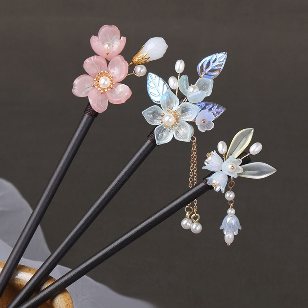 Tocados con borlas y flores, horquilla de madera para el cabello, horquilla para el cabello con perlas, accesorios para el cabello, horquilla Hanfu, palo para el cabello para niña