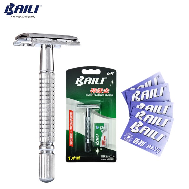 BAILI Manual Safety Razor Silver Classic 3 Piece Double Edge Wet Shaving Men Shaver Women Hair Removal with Free Platinum Blades: Razor suit B