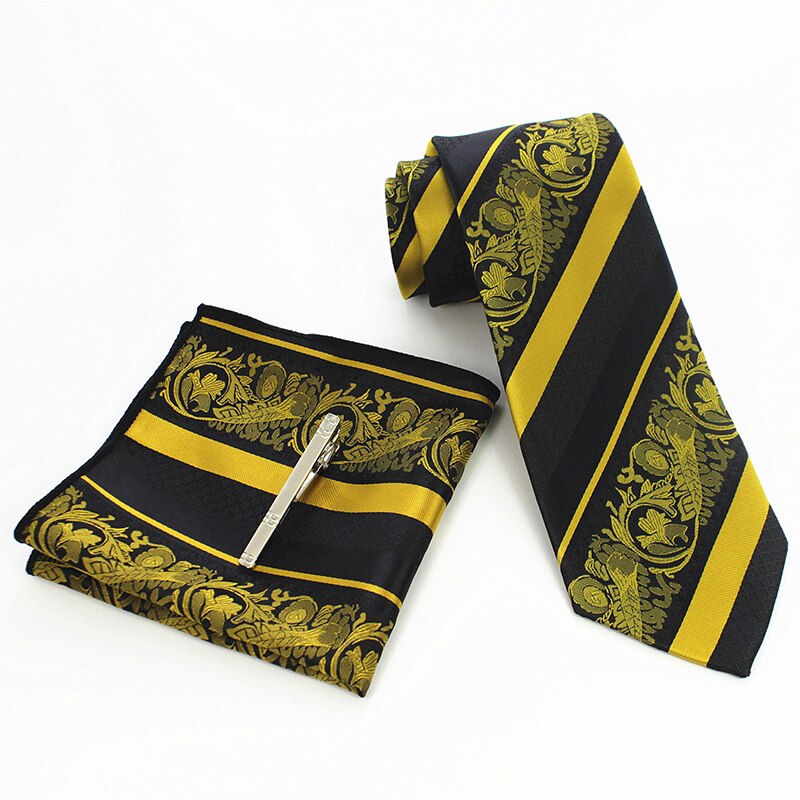RBOCOTT 3PCS Men's Floral Tie Handkerchief Set Yellow Striped 8cm Necktie Pocket Square Tie Clip Red For Men Wedding Accessories
