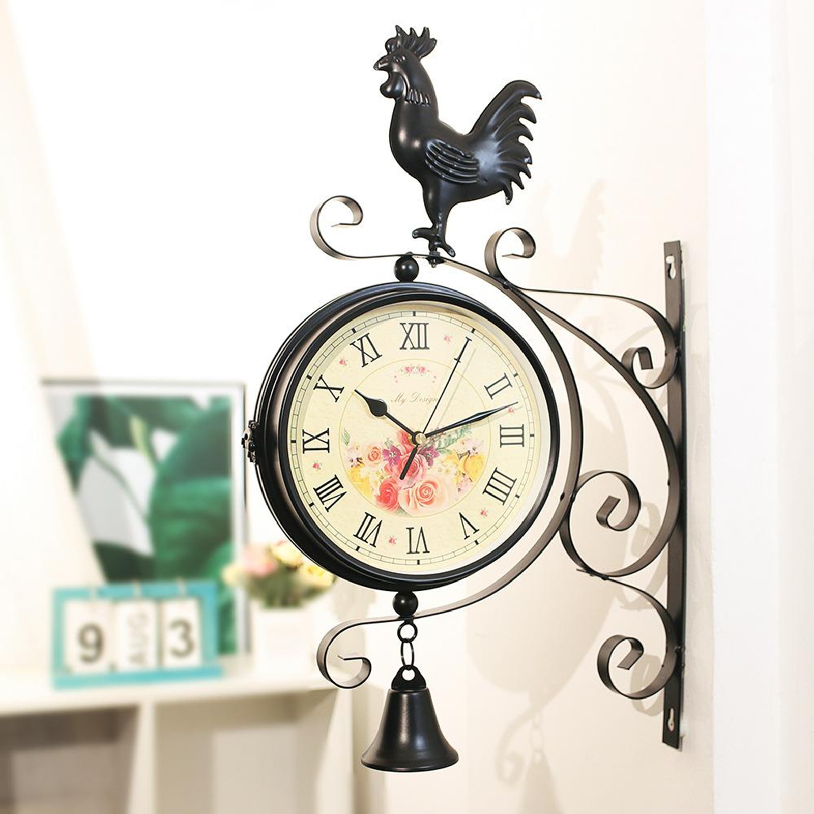 Outdoor Garden Clock Weatherproof Retro Station Wall Clock Double Sided with Outside Bracket 31x50cm