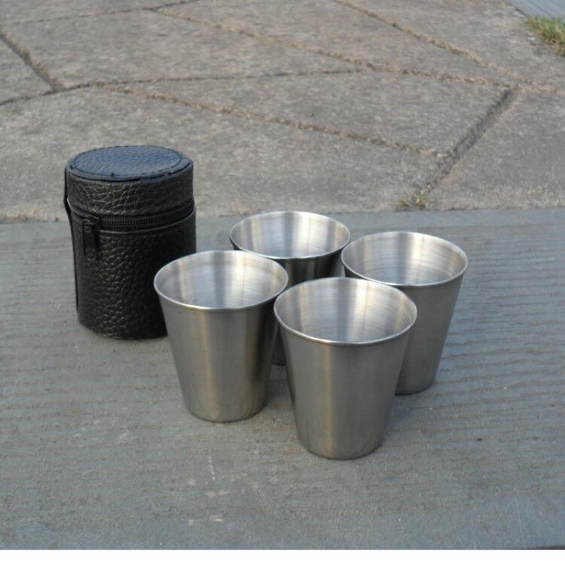 4pcs/lot 30ml Outdoor Camping Tableware Travel Cups Set Picnic Supplies Stainless Steel Wine Beer Cup Whiskey Mugs PU Leather