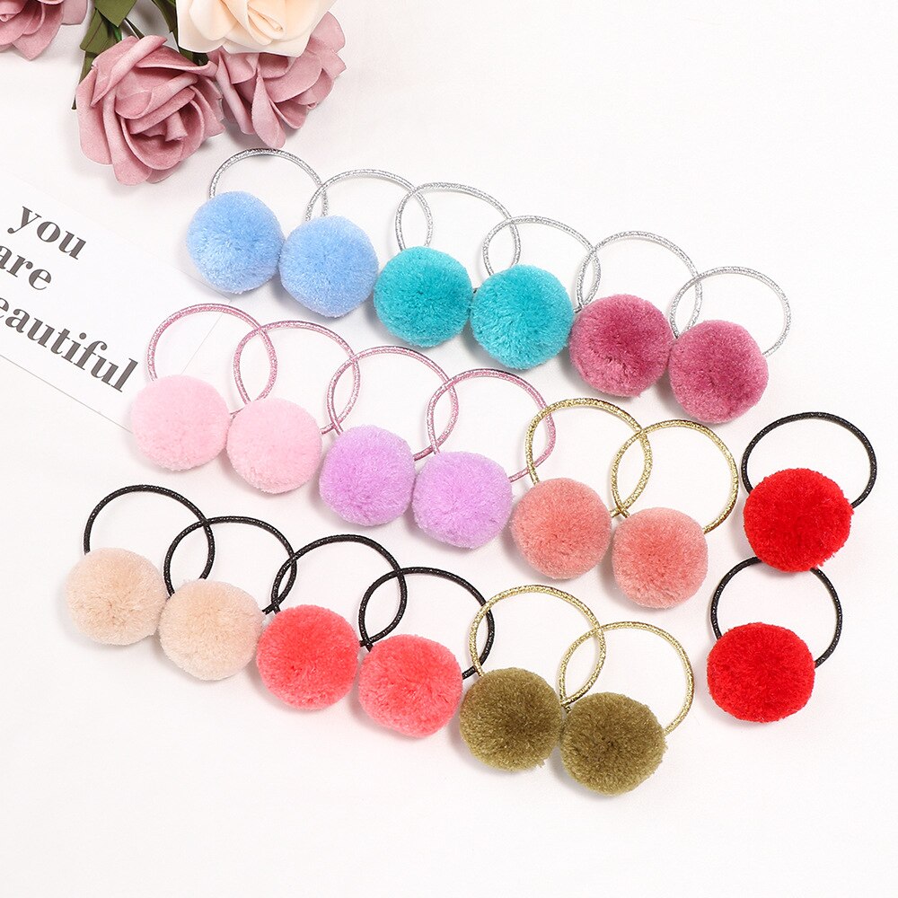 2 Stuks Leuke Baby Kleurrijke Pompoms Haarbanden Elastische Haar Ring Voor Meisjes Haar Tie Touw Kids Hoofddeksels Baby haar Accessoires