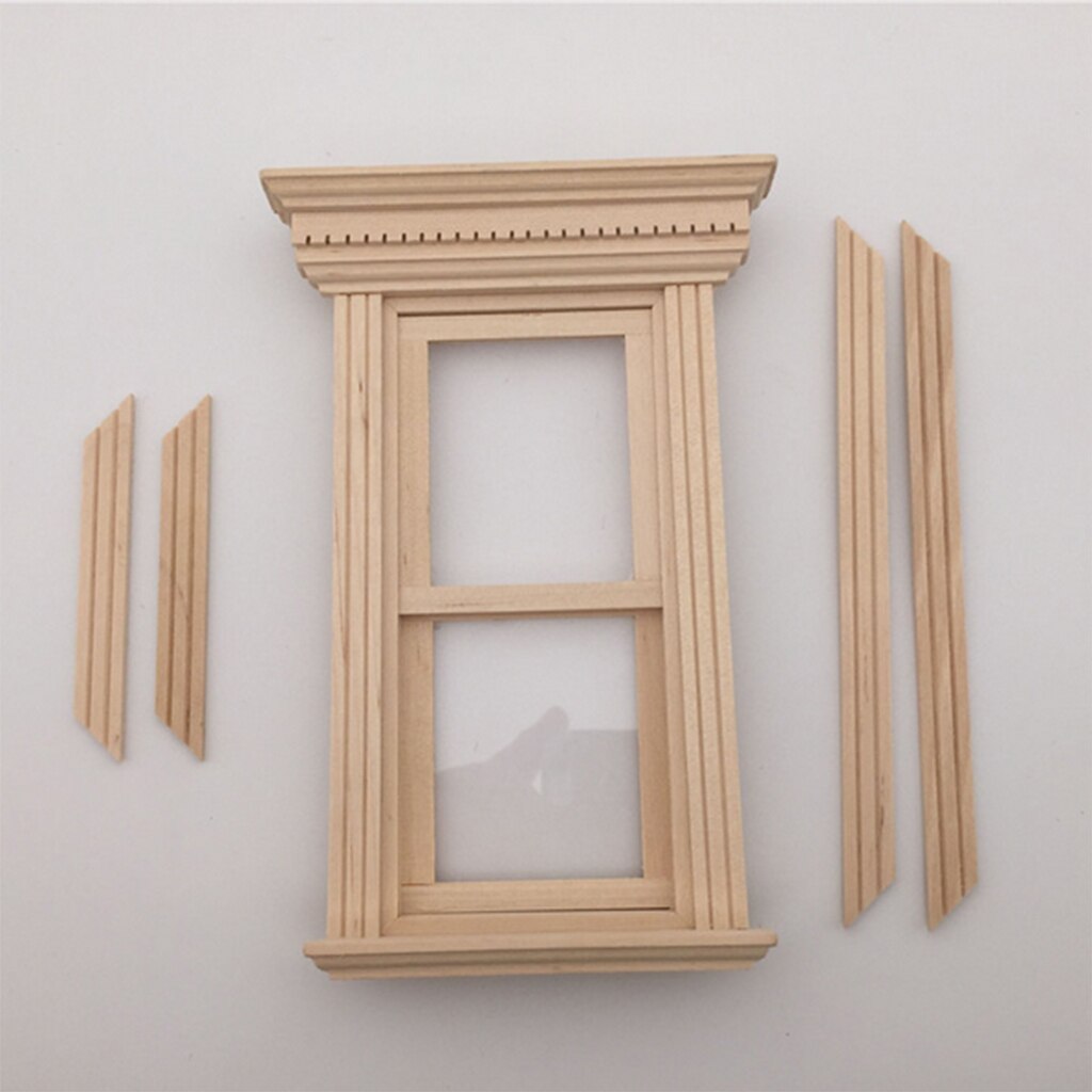 4 Set Dollhouse Furniture Wooden Unpainted 1 12 Scale Movable Sash Window Model (with Frame Parts), Room Garden DIY Decoration