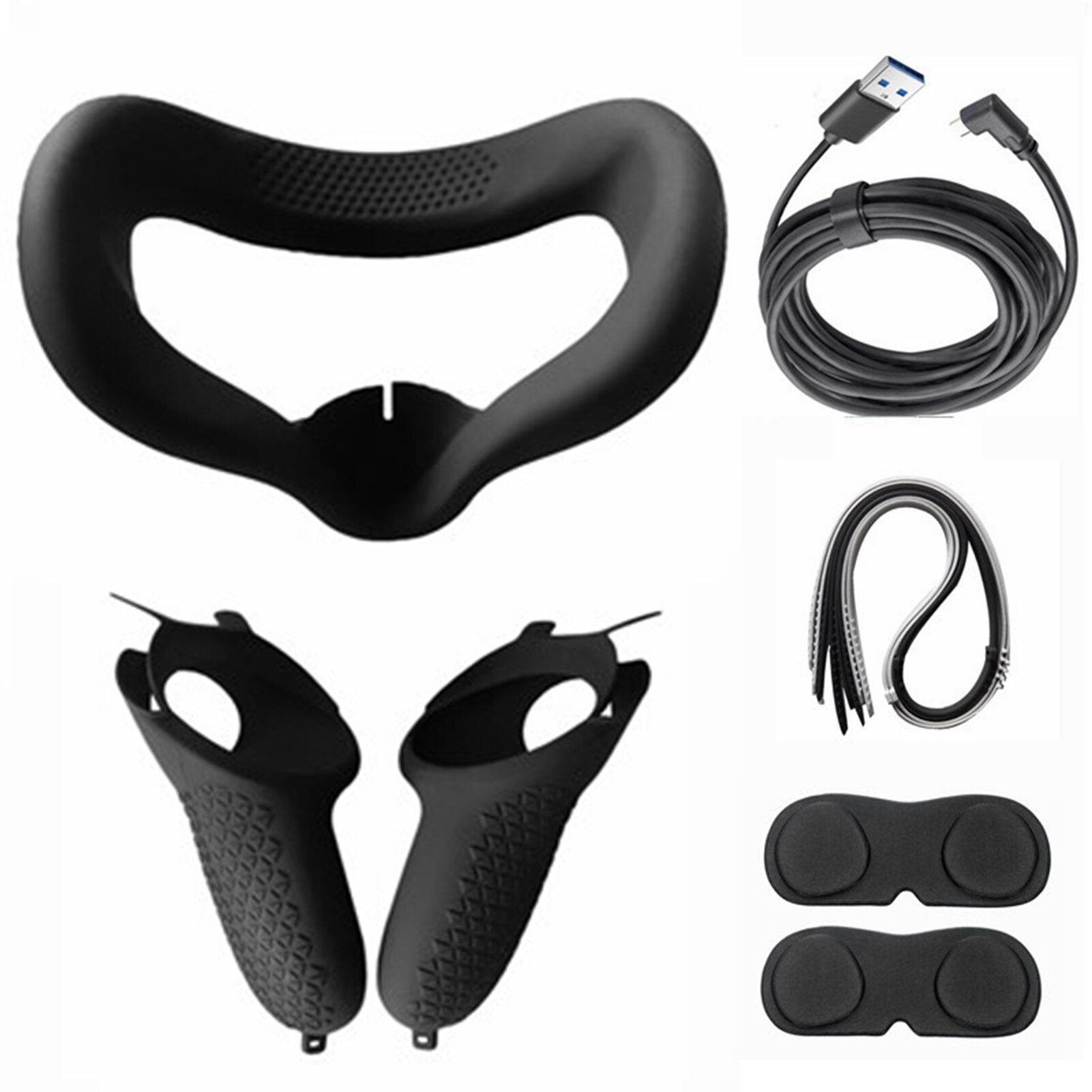 Voor Oculus Quest 2 Vr Headset Cover Oogmasker Lens Cover 10ft 5M Link Data Kabel Set Zachte Siliconen vr Accessoires Set: Black