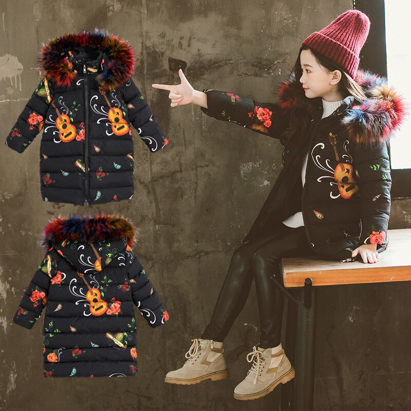 Winter verdicken warme baumwolle gedruckt Art langen Mantel freundlicher oberbekleidung pelz kragen Baby mädchen jacken für 3-12 jahre alt