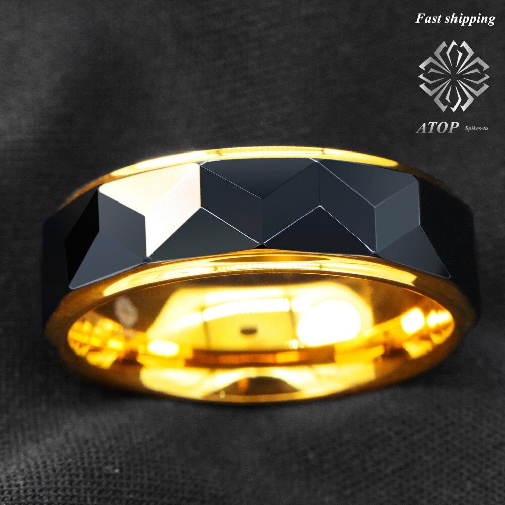 8 Black Rhombus high polished ATOP Tungsten ring 18k Gold wedding band men jewelry