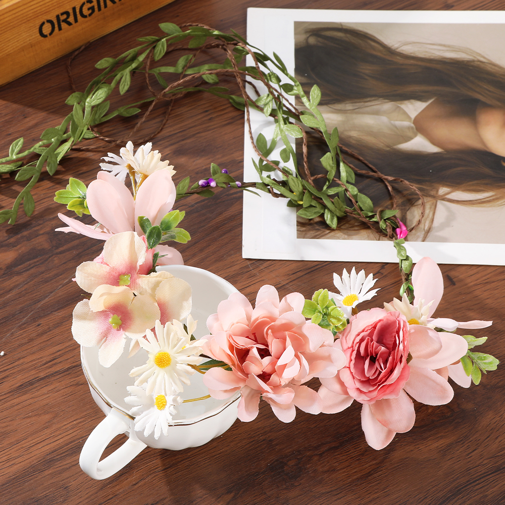 Haimeikang-Diadema de corona de flores para mujer, guirnalda de flores de melocotón, bandas para el cabello nupciales de boda, bandas florales para mujer, hoja de vid para: YELLOW