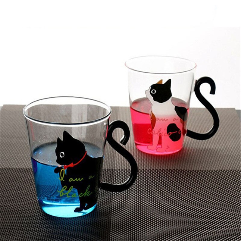 Tazas de vidrio de dibujos animados gato lindo taza de agua con cuchara agitadora desayuno tazas de leche taza de té y café resistente al calor niñas Drinkware