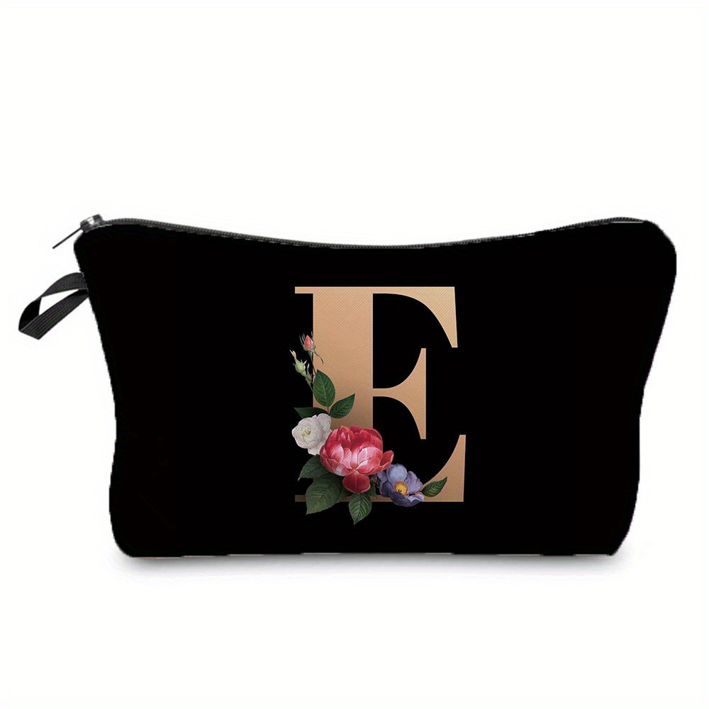 Flower & Letter Print Cosmetic Bag, Zipper Portable Makeup Pouch, Lightweight Coin Purse toiletry bag cajas organizadoras: Brown