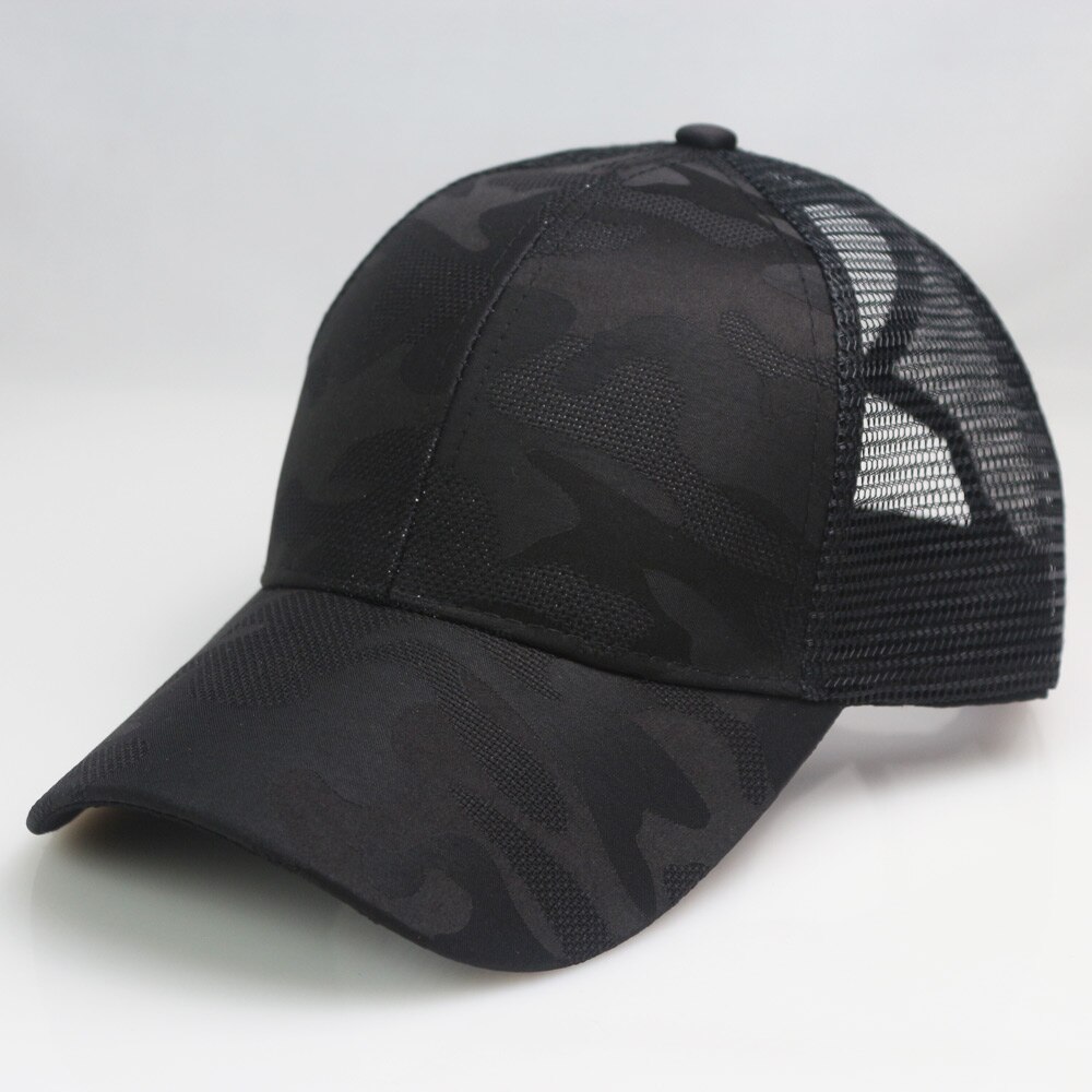 Dames roze baseballpet met camouflagepatroon, rommelige hoge knot, paardenstaart, mesh truckerpet, verstelbaar: Zwart