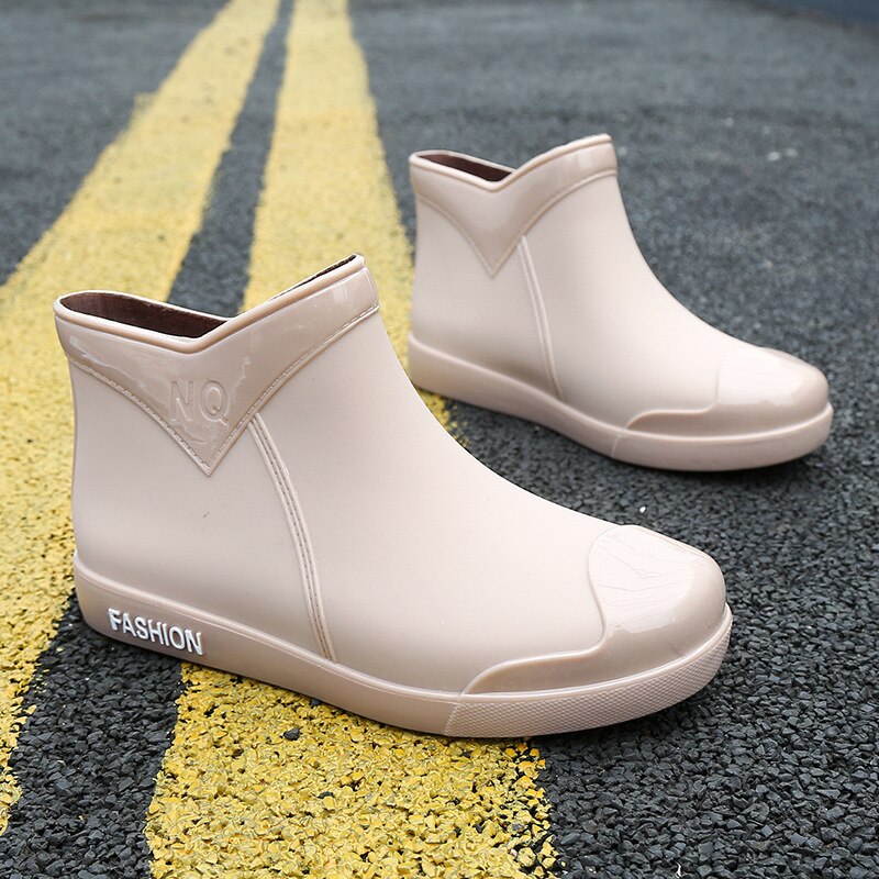Rubber Schoenen Vrouwen Waterdichte Regen Laarzen Enkel Schoenen Herfst Vrouwelijke Water Schoenen Regenlaarzen Enkellaarsjes Flats: Beige / 40
