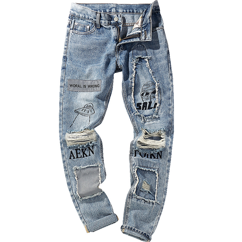 décontracté Denim déchiré trou lâche mendiant hommes imprimé jean coréen été mince jean décontracté patch pantalon