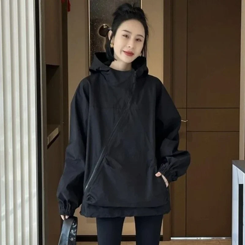 Damjackor med huva, diagonal dragkedja, vintage, höst, baggy, bf-stil, utomhus, chaqueta, damer, fritid, matchande, dam