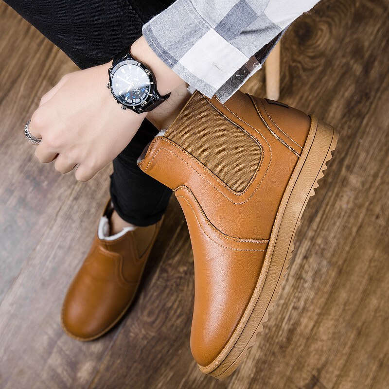 Classic Brand Men Sheepskin Leather Snow Boots Shearling Wool Fur Lined Winter Boots Keep Warm Shoes Waterproof Brown