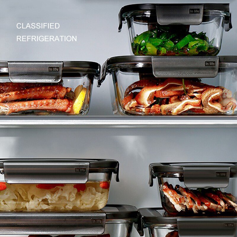 Glass Food Storage Container Microwave Oven Heating Fresh-Keeping Insulation Lunch Box With Cover Refrigerator Storage Box