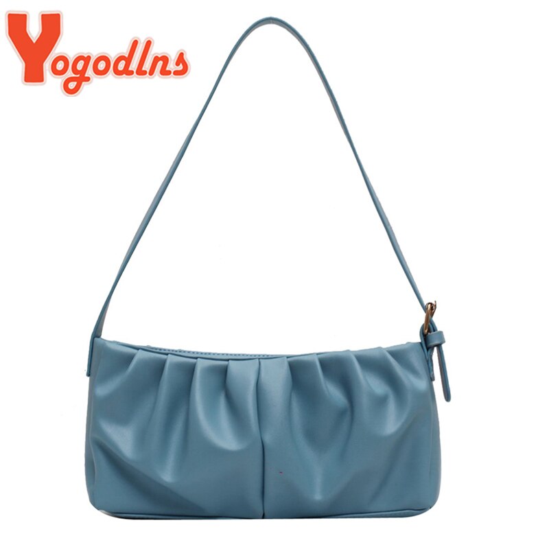 Yogodlns Summer Shoulder Bag Women Leisure PU Leather Baguette Bag Pleated Cloud Bag Female Small Handbag Phone Purse