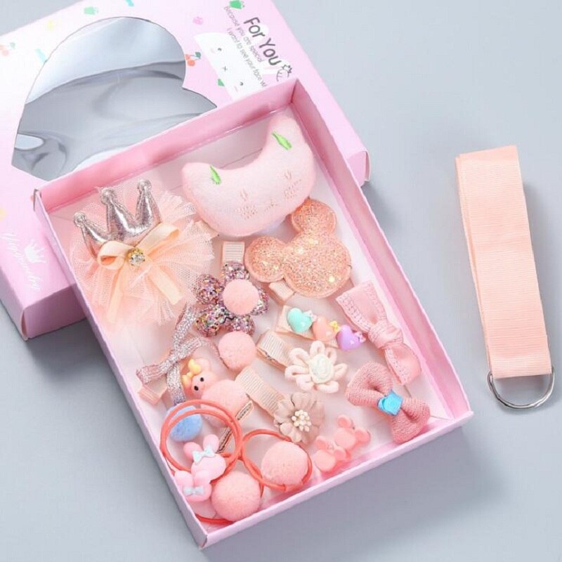 18 st baby hårklämma söt tecknad glitter kanin prinsessa krona hårspänne huvudbonad band rosett hårnålar blomma håraccessoarer: Orange-låda