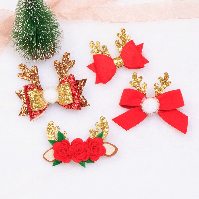 Girls Cute Elk Antlers Hair Clips Festival Style Sequins Hairpins Children Hair Accessories Christmas Red Bow Hair Pin