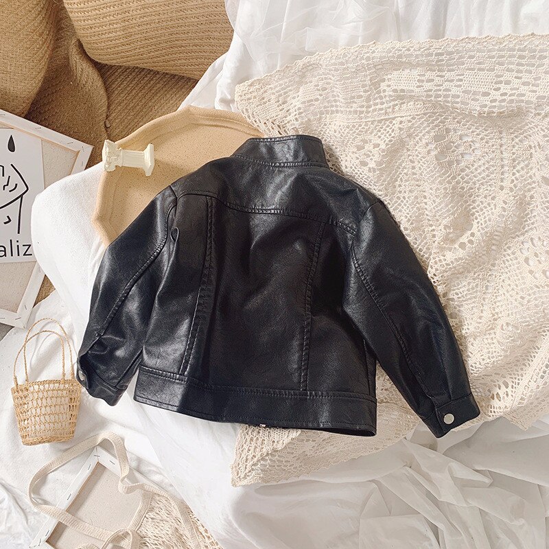 Baby Girls Leather Jacket Autumn Children's Stand-up Collar Motorcycle Clothing for Kids Black Outwear Coat 1-7Y