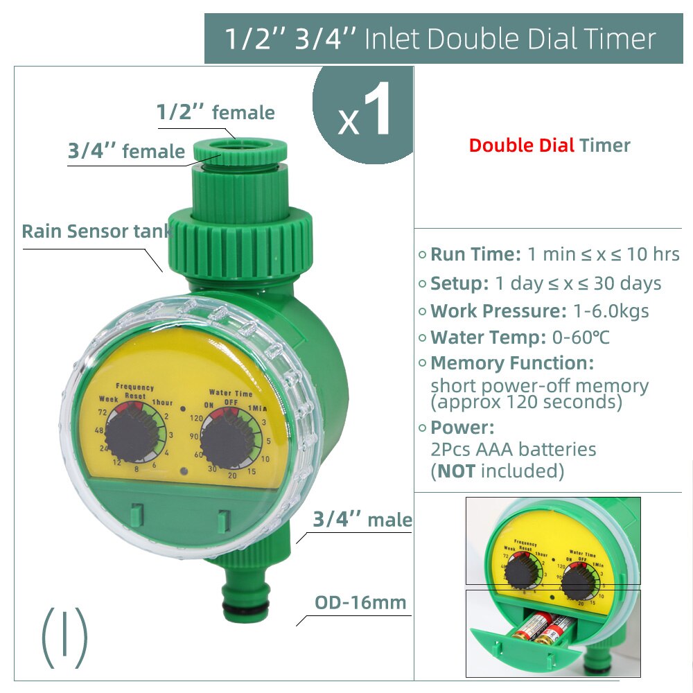 1PC Water Timer Rain Sensor Solar LCD Double Dial Ball Valve Controller Garden Watering Irrigation 1/2&#39;&#39;3/4&#39;&#39; Tap Joint Solenoid: I-1PC