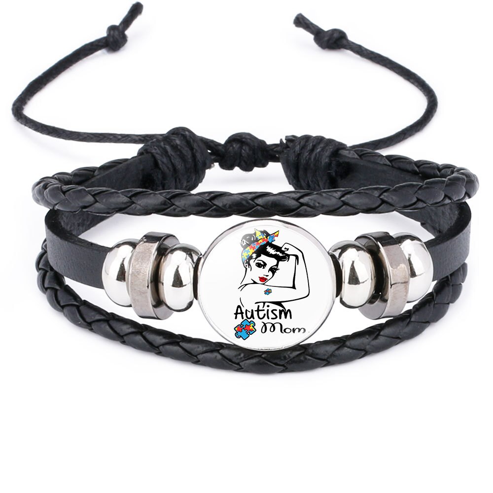 Autisme Moeder Awareness Armband Voor Kinderen Handgemaakte Gebreide Lederen Puzzel Bedelarmband Jongen Meisje Polsbandje Sieraden