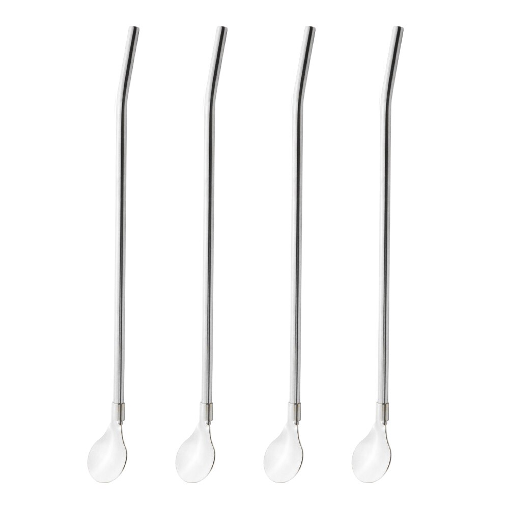 4 unids/set reutilizable paja larga cuchara Multicolor 18/10 pajas de acero inoxidable cuchara para té Bar de café agitación cuchara de beber: Silver