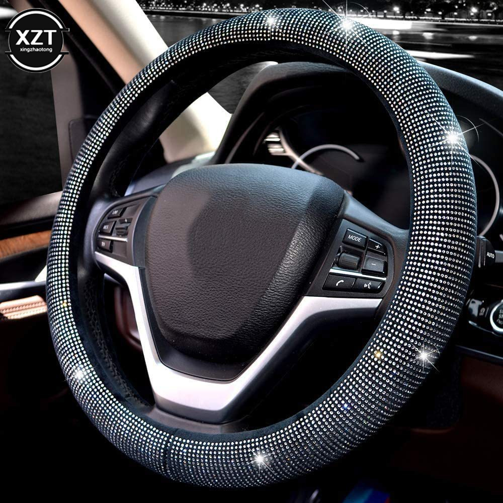 14.5-15 Inch Rhinestones Steering Wheel Cover with Crystal Diamond Sparkling Car Breathable Anti-Slip Steering Wheel Protector