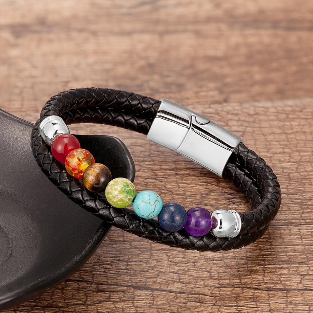 Di modo Naturale Perline di Pietra 7 Chakra Braccialetto Per Le Donne Degli Uomini In Acciaio Inox Braccialetti di Cuoio Genuino Dei Monili Regalo Di Natale: Silver-Style 1 / 21cm