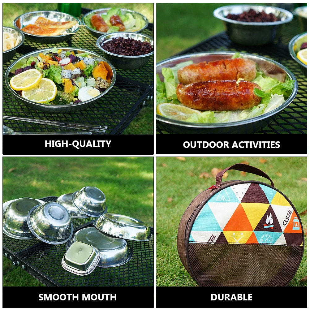 1 Set of 17Pcs Camping Mess Kit Outdoor Tableware Stainless Steel Plate Bowl with Storage Bag for Camping