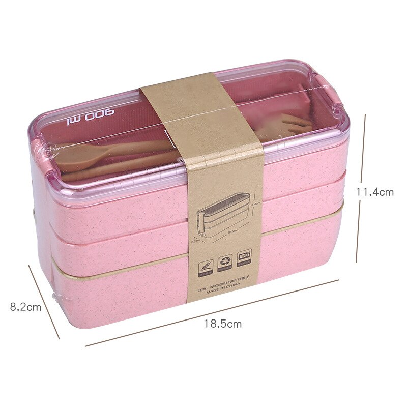 3 Layer Wheat Straw Lunch Box with Bag Japanese Microwave Bento Box with Fork Spoon Food Container for Student Office Staff: pink