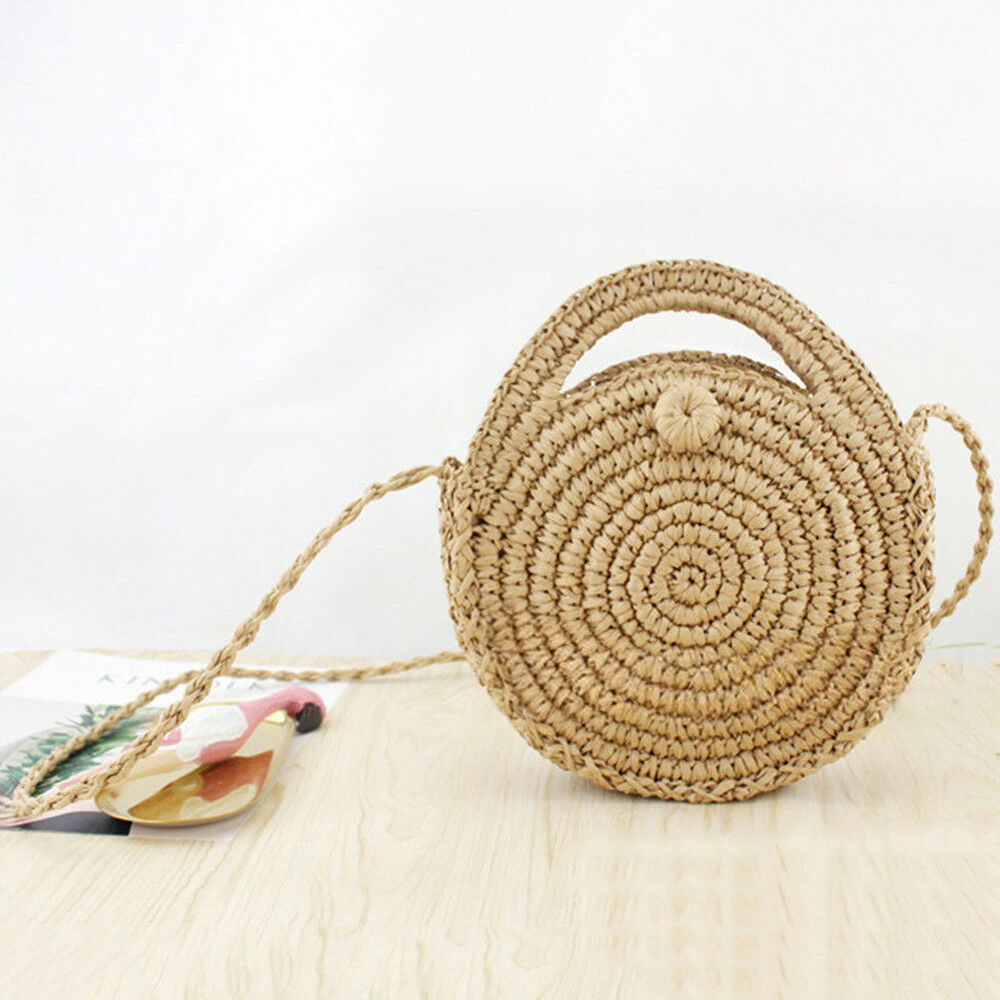 Lady Pastoral Style Casual Round Handmade Knitted Woven Rattan Bag Straw Beach Handbag: Brown