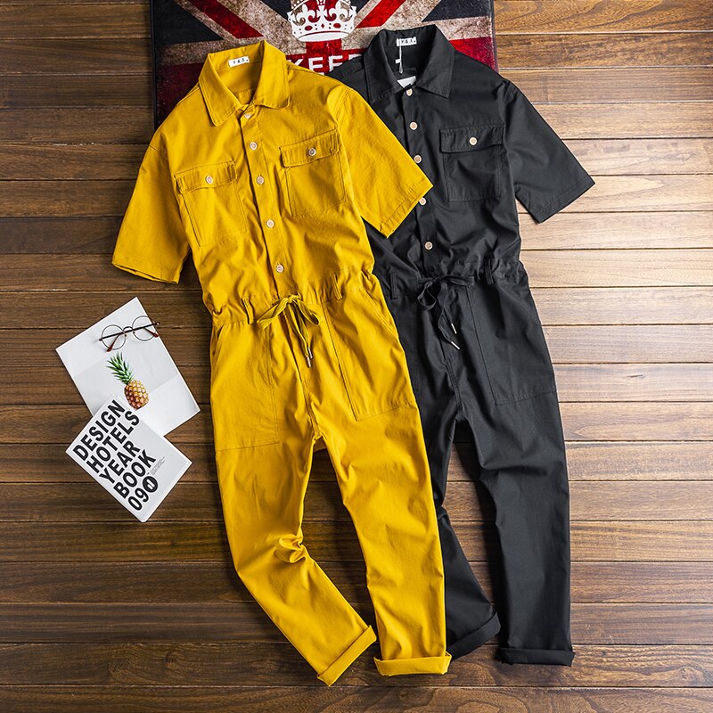 Monos de verano para hombre, mono de algodón con solapa, hasta el tobillo manga corta, ropa de calle de Hip Hop, pantalones holgados de ocio, color negro y amarillo