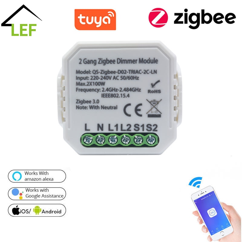 Tuya ZigBee 3.0 Smart Dimmer Switch Module with Neutral 2 Gang 2 Way Wireless Control Switch Relay Work