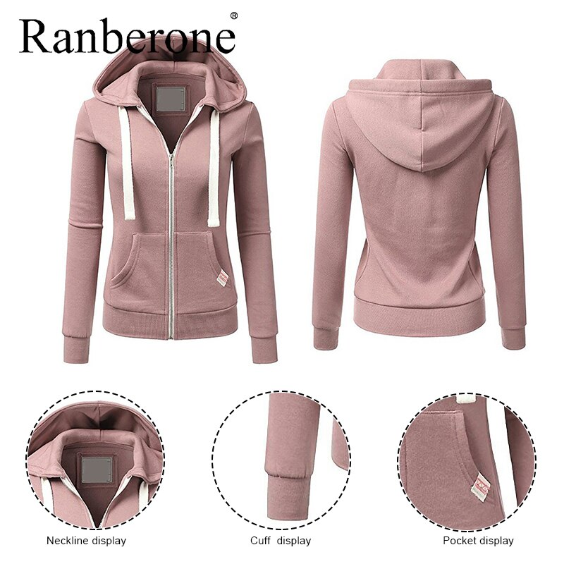 Ranberone – veste de sport à capuche pour femme, sweat-shirt à manches longues, fermeture éclair, couleur unie