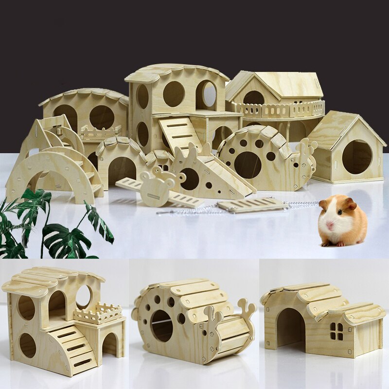 Muebles de juguete de madera para hámster, casa pequeña, columpio, rueda para correr, nido de madera, jaula, suministros