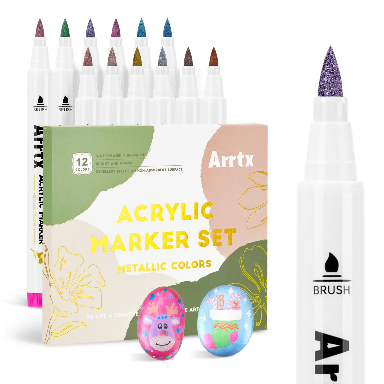 Arrtx 12 marcadores acrílicos de colores metálicos, pincel, bolígrafos acrílicos para piedra de roca, cerámica, porcelana, taza, tela de madera, pintura en lienzo