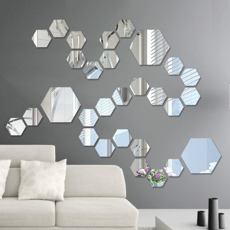 12 stk akryl spejl væg klistermærker selvklæbende aftagelig sekskantet dekorativt spejlark til hjemmestue soveværelse indretning
